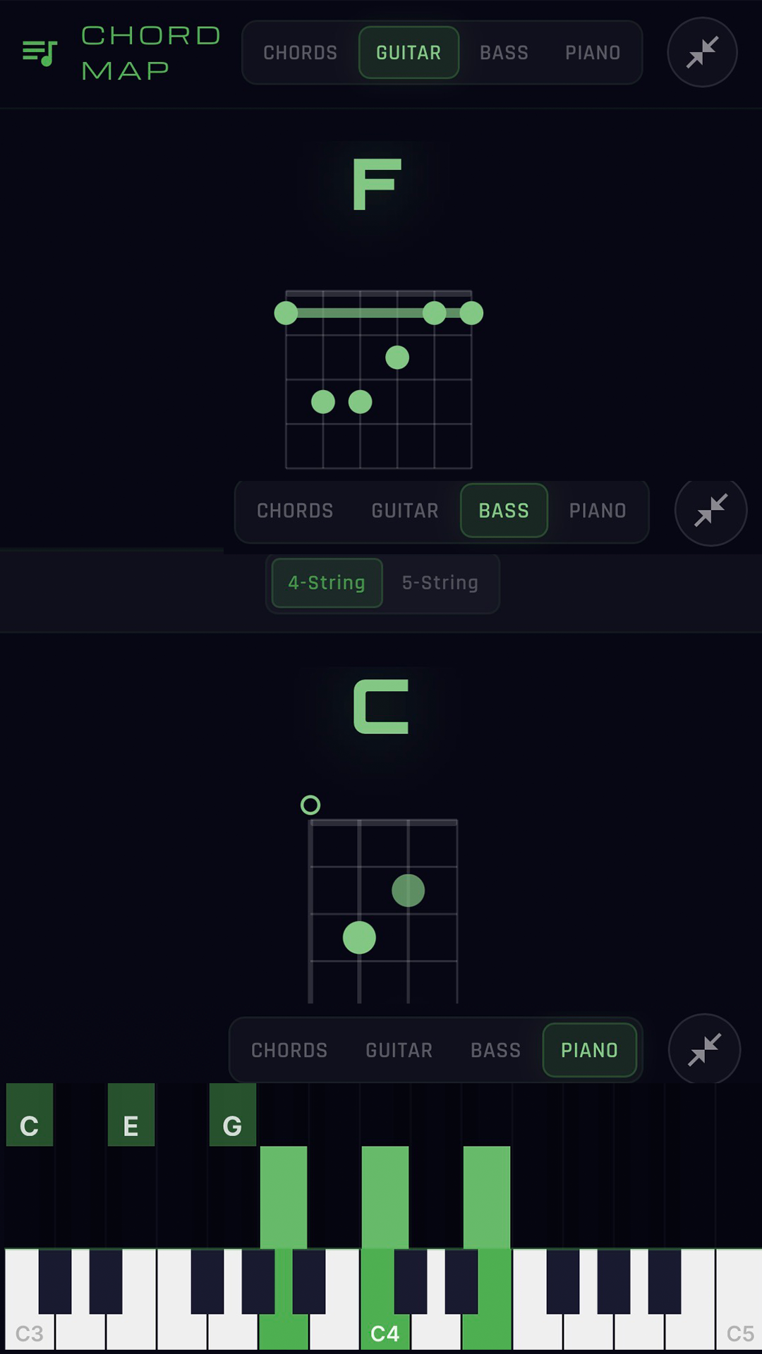 Stemulator tabs view showing an F chord guitar diagram, bass tab, and piano keyboard with C-E-G highlighted