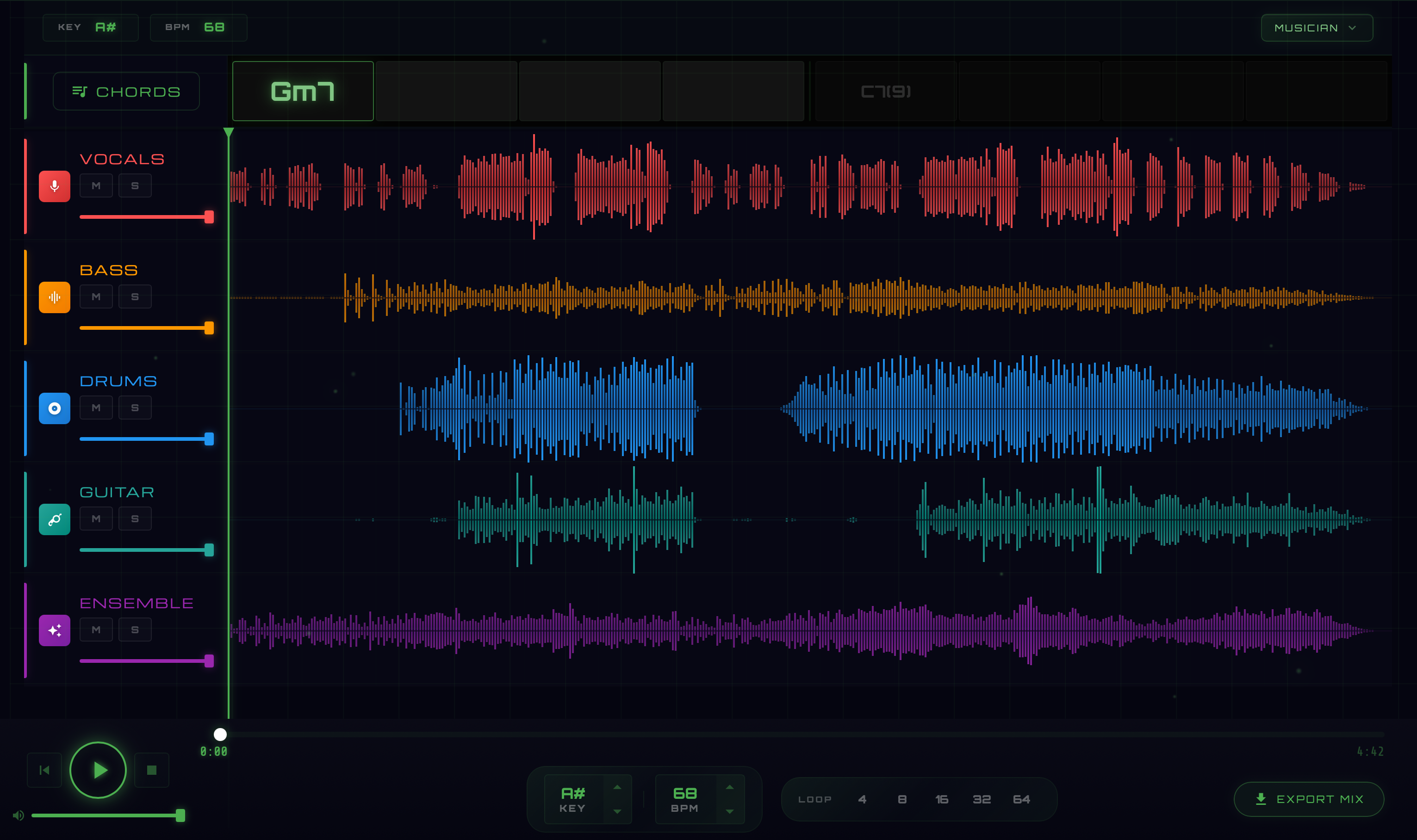 Stemulator Musicians Mode mixer with all 18 stems isolated, chord map and MIDI export visible