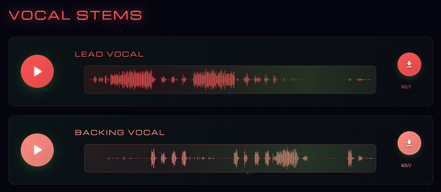 Vocal separation panel showing isolated lead vocal and backing vocal stems split from the mix